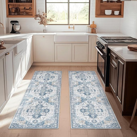 jinchan Runner Rug 2x5-2pcs Hallway Rug Kitchen Washable Runner Vintage Mat Retro Print Lightweight Non-Slip Floor Cover Distressed Thin Carpet for Entryway Bathroom Bedroom Laundry Room Blue