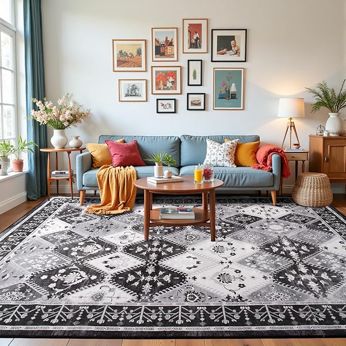 6x9 Washable Area Rug for Living Room, Black/Grey Boho Non-Slip Bedroom Rugs, Moroccan Floral Trellis Carpet Soft Low Pile Vintage Indoor Mat for Kitchen Laundry Room