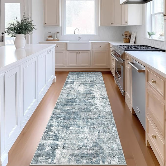 Runner Rug 2'x8' Abstract Washable Non-Slip Runner Rugs for Kitchen Bathroom Laundry Room Blue Vintage Floor Carpet Runners for Hallway Entryway