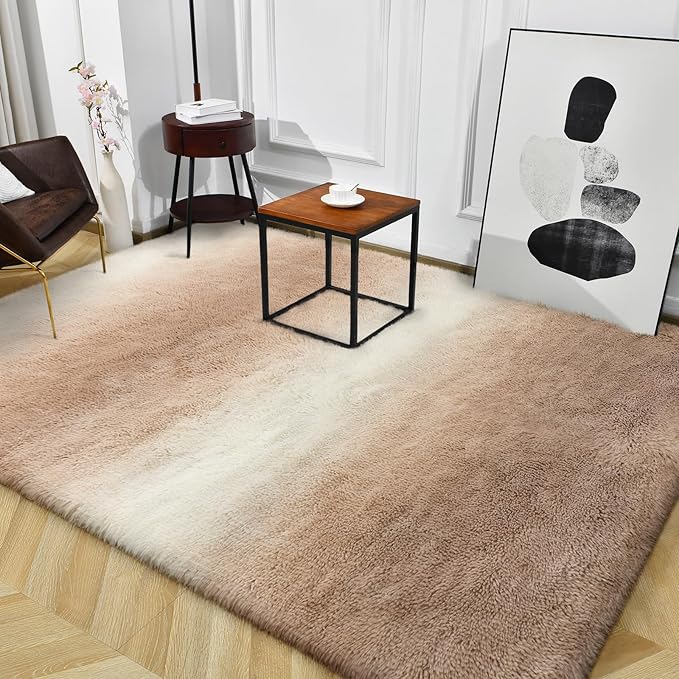 TWINNIS Super Soft Shaggy Rugs Fluffy Carpets, 5x8 Feet, Indoor Modern Plush Area Rugs for Living Room Bedroom Kids Room Nursery Home Decor, Upgrade Anti-Skid Rectangular Fuzzy Rug, Tan White