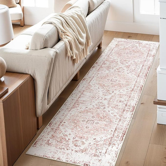 Morebes Vintage Pink Rugs for Bedroom Girls, 2x8 Washable Runner Rug for Hallways Non Slip, Boho Soft Low Pile Indoor Floor Carpet Runner for Living Room Kids Playroom Nursery