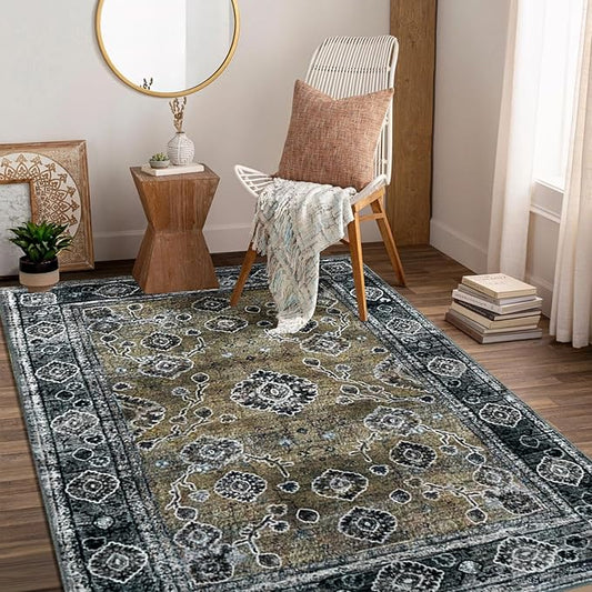 3x5 Washable Area Rugs for Living Room Stain-Resistant Bedroom Rug with Non-Shedding &Slip Faux Wool,Vintage Floral Aesthetic Carpet Foldable for Indoor Dining Room