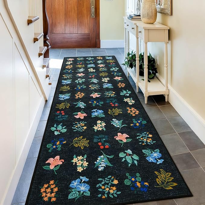 2x6 Floral Runner Rug Soft Non-Slip Machine Washable Kitchen Rug Runners for Hallway Bedroom Laundry Entrance Indoor Carpet, Flower Accent Throw for Girls Room, Navy Blue