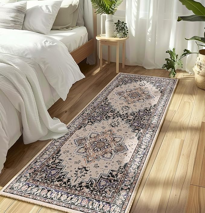 BESTSWEETIE 2x6 Area Rugs for Living Room, Washable Ultra Soft Boho Vintage Print Pattern Rug Non Slip Low Pile Carpet for Dining Room Bedroom Entryway Indoor-Khaki/Beige/Purple/Black