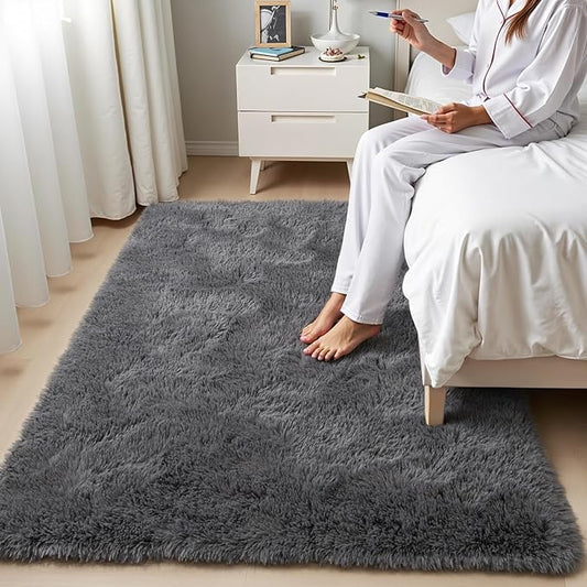 Zentavio Area Rugs for Living Room Small Carpet for Bedroom 3x5 Bedside Washable Soft Fluffy Shag Aesthetic Plush High Pile Throw Rug for Nursery Kids Room Dorm Room Grey