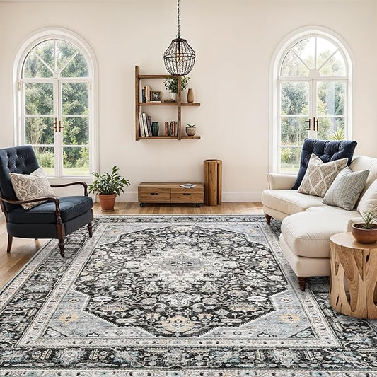 Washable Area Rug 8x10 - Bedroom Living Room Large Indoor Rugs Soft Oriental Vintage Rugs Non-Slip Backing Stain Resistant for Farmhouse Kitchen (Slate Grey/Black 8x10)