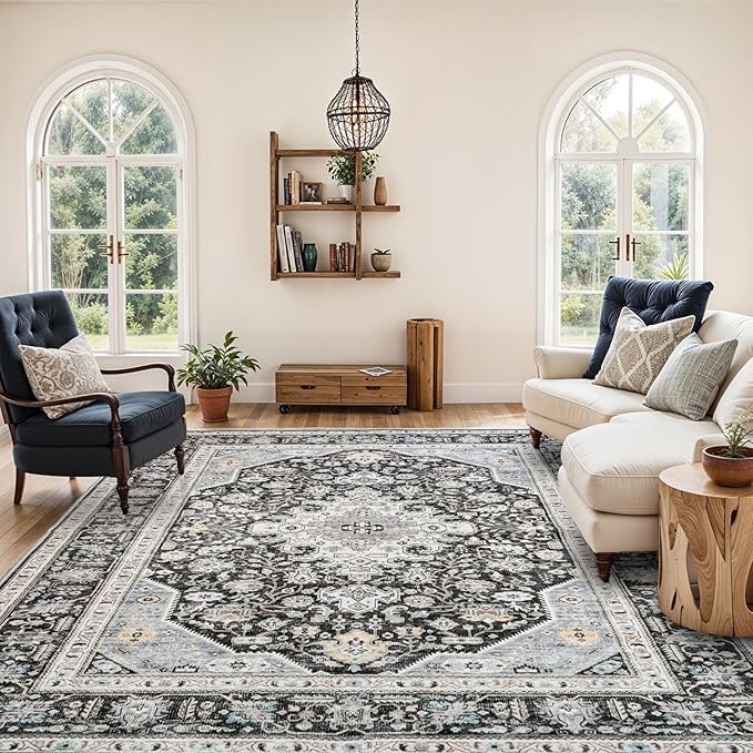 Washable Area Rug 8x10 - Bedroom Living Room Large Indoor Rugs Soft Oriental Vintage Rugs Non-Slip Backing Stain Resistant for Farmhouse Kitchen (Slate Grey/Black 8x10)