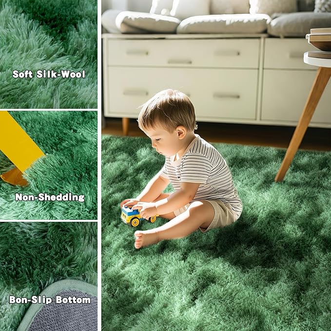 Tie-Dyed Green Fluffy Rug for Bedroom 9x12 ft Large Rug - Ultra Soft & Non Slip Shaggy Area Rug, Comfy Durable Carpet for Living Room Kids Room Teens Dorm Home Decor, 1.7'' Thick Indoor Carpets