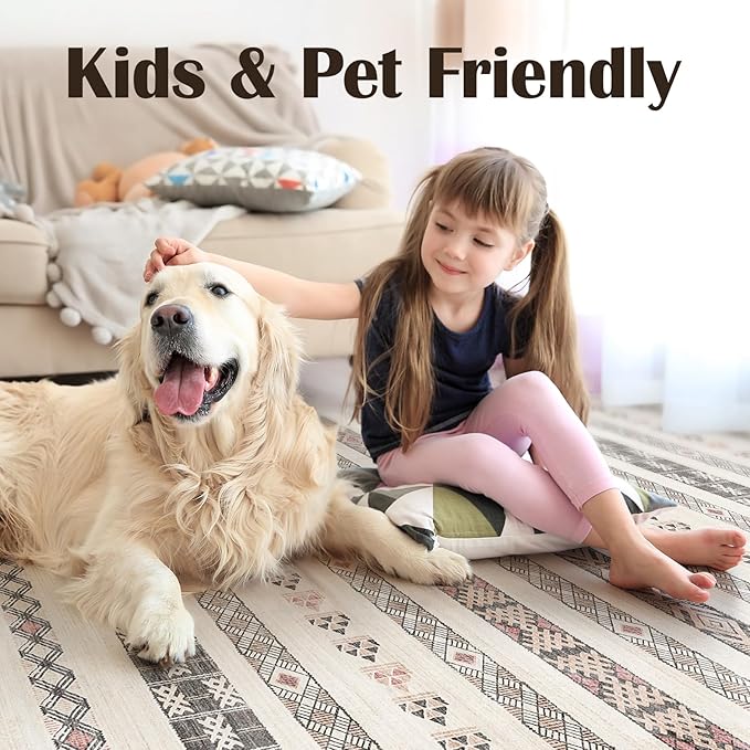 10x14 Washable Area Rug: Moroccan Large Neutral Boho Area Rug for Living Room & Bedroom Geometric Non-Slip Farmhouse Carpet for Living Room Beige Colourful 10'x14'.