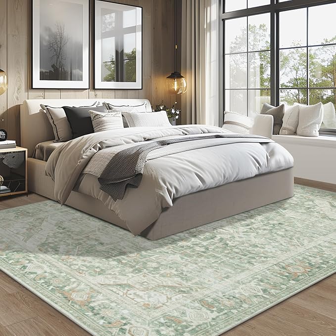 Washable Rugs 8x10 Area Rugs, Soft Vintage Living Room Rug with Anti-Skid Backing Stain Resistant Thin Indoor Carpet Large Area Rug for Bedroom Under Dining Room Table Nursery Entryway-Green
