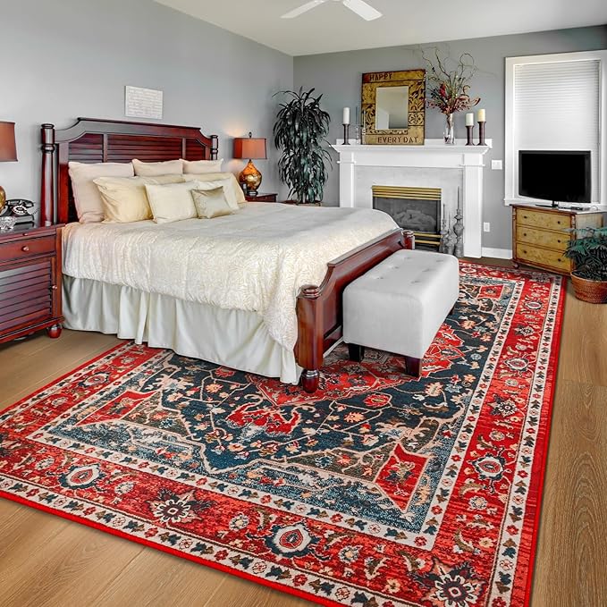 YJ.GWL Large Area Rug for Living Room, 5x7 Machine Washable Boho Rug for Bedroom, Low Pile Lightweight Thin Rugs Floral Vintage Distress Print Pattern Carpet for Dining Room, Red