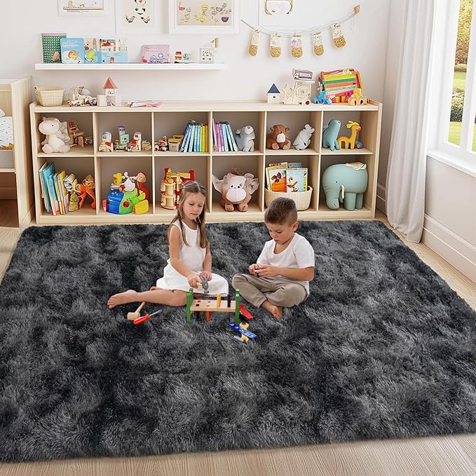5x7 Shaggy Rugs for Living Room, Tie-Dyed Dark Grey Fluffy Area Rug for Bedroom, Soft Plush Shag Carpet for Kids Room, Indoor Non-Slip Fuzzy Rug