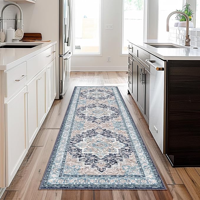 BESTSWEETIE 2x6 Area Rugs for Living Room, Washable Ultra Soft Boho Vintage Print Pattern Rug Non Slip Low Pile Carpet for Dining Room Bedroom Entryway Indoor-Navy/Light Blue/Natural