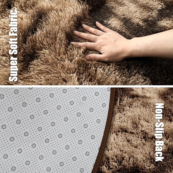Tie-dye Coffee Fluffy Round Rug,Soft Area Rugs for Girls Room,Shaggy Rugs 3'X3' for Living Room,Non Slip Circle Rug for Kids Bedroom,Shag Plush Nursery Carpets,Fuzzy Rug for Dorm,Room Decor Carpet