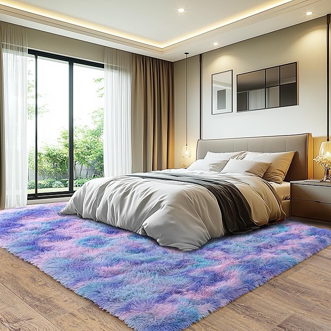 Purple Rainbow Fluffy Rug for Bedroom 4x5.9 ft - Ultra Soft & Non Slip Shaggy Area Rug, Comfy Durable Carpet for Living Room Kids Room Teens Dorm Home Decor, 1.7'' Thick Indoor Plush Carpets