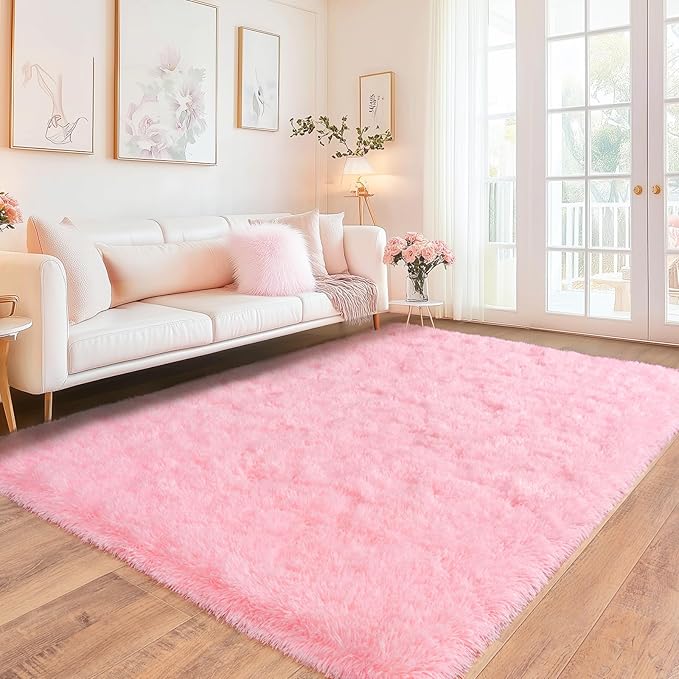 Ultra Soft Pink Rugs for Bedroom 4x6 Feet, Fluffy Shag Area Rugs for Living Room, Large Comfy Fuzzy Rug for Girls Kids Baby Nursery Room Decor, Non-Slip Modern Indoor Floor Carpet