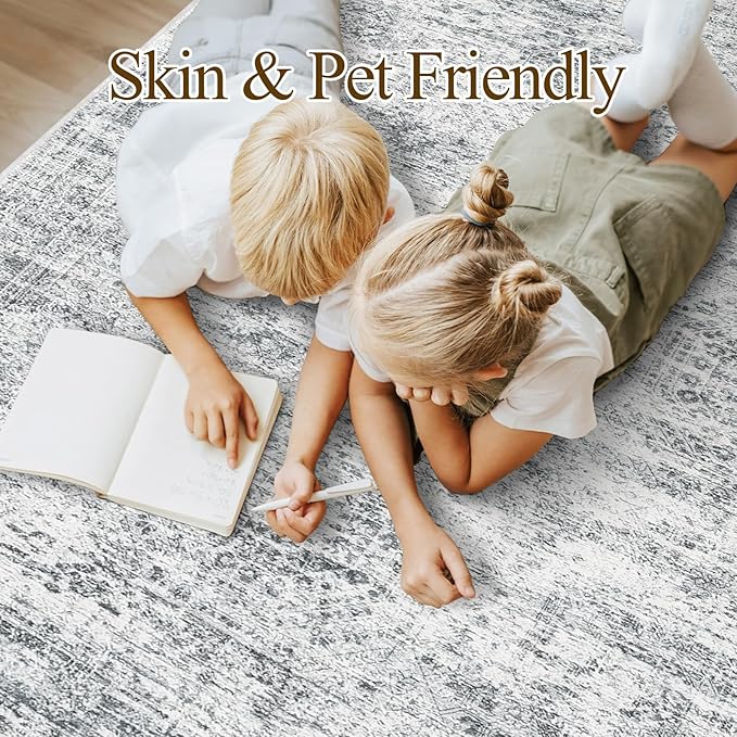 10x14 Area Rugs for Living Room, Non Slip Machine Washable Vintage Rugs, Low Pile Lightweight Large Rug for Bedroom, Dining Room, Home Office Grey