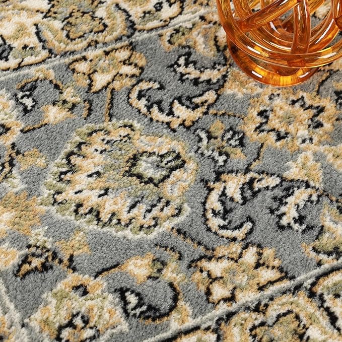 Superior Indoor Runner Rug, Jute Backing, Plush Floral Rugs for Entryway, Kitchen Floors, Office Floor Cover, Traditional Oriental Rugs, Lille Collection, 2' 7" x 8', Grey