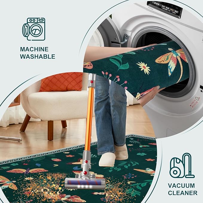 ASPMIZ Insect Area Rug 3X5, Dark Green Bedroom Rug Non Slip, Spring Summer Washable Rug Farmhouse Butterfly Living Room Rugs Low Pile, Soft Faux Wool Throw Carpet for Entryway, Nursery, Dark Green