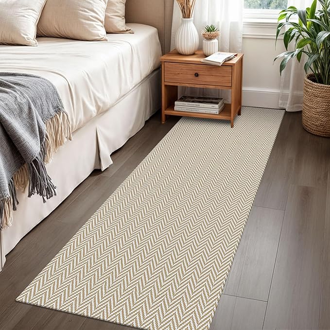 Braided Runner Rug 2x6 Ft Washable Runners for Hallways Kitchen Runner Rug with Rubber Backing Cotton Entryway Runner Indoor, Woven Floor Carpet for Hall Kitchen Bedroom, Beige/White