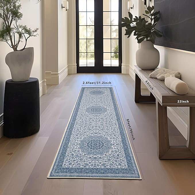 Ieve Telephant Floral Runner Rug - Machine Washable, Spill-Proof, Non-Slip, Cozy Soft Faux Wool, Perfect for Hallways, Kitchens, Entryways - 2.6x8