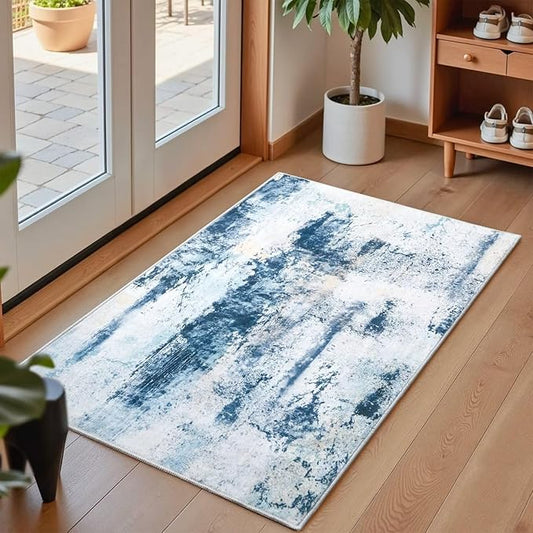 Washable Abstract Rug, 2x3 Small Modern Area Rugs with Non-Slip Rubber Backed for Kitchen, Thin but Soft Throw Carpet Bedroom Entryway Front Door Decor, Blue White