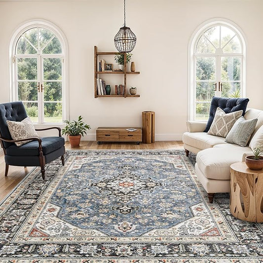 Washable Area Rug - 8x10 Bedroom Living Room Large Indoor Rugs Soft Oriental Vintage Rugs Non-Slip Backing Stain Resistant for Farmhouse Kitchen (8x10 Navy Blue)