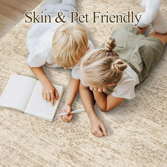 Washable Area Rug 8x10, Large Soft Rugs for Living Room Vintage Beige Carpet 8x10 Area Rugs for Bedroom Dining Room Non-Slip Stain Resistant Under Table Rug