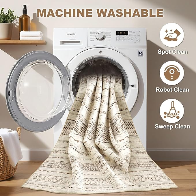 Runner Rug Kitchen Washable Rugs: 2x6 Non-Slip Boho Soft Modern Stain Resistant Indoor Floor Neutral Farmhouse Throw Carpet for Hallway Bathroom Laundry Room Entryway Bedroom- Brown