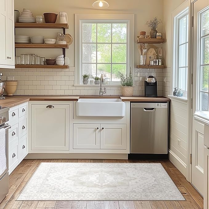 Washable 2x3 Area Rugs, Rugs for Living Room, Low-Pile Water&Stain Resistant Carpet Vintage Distressed Printed Non-Slip Carpet for Bedroom Bathroom Kitchen-Ivory