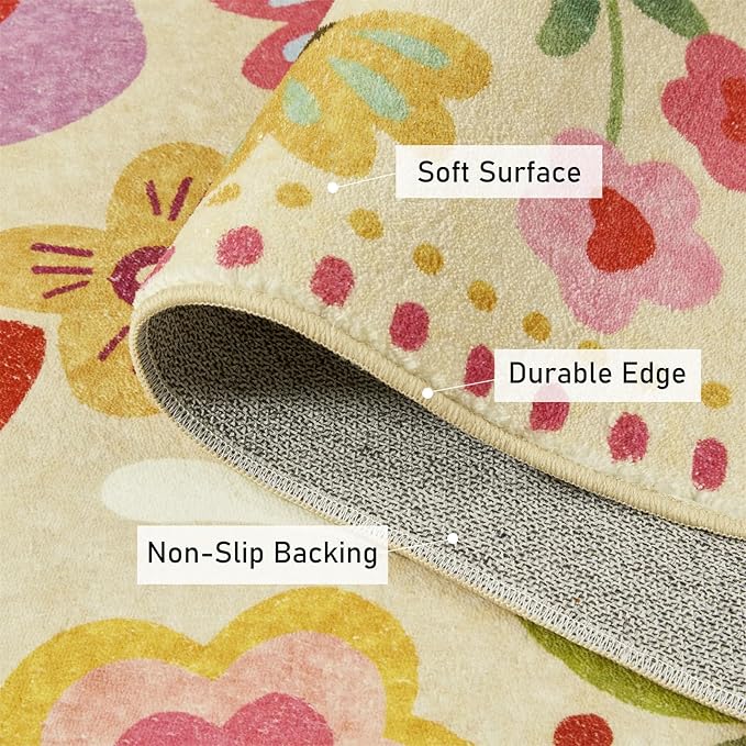 Washable Boho Floral Rugs Thin Pile, Cute Aesthetic Vintage Hippie Bedroom Rugs Colorful Rose Pink Bright Trendy Indie Dorm Carpet, Country Flowers 5x7 Area Rug for Dining Living Room Entryway Kitchen
