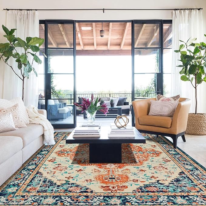 U'Artlines Boho Vintage Area Rug 6x9 Machine Washable Low Pile Soft Floor Carpet Non Slip Non Shedding Accent Rug for Living Room Bedroom Entryway Dining Room Office Orange/Multi