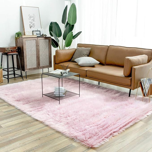 Ashler Faux Fur Rug, Fluffy Shaggy Area Rug Ultra Soft 6 x 9 Feet Rectangle Fur Rug Frosted Bottom Pink Fuzzy Rug Machine Washable Shag Rug, Nursery Decor Throw Rugs for Bedroom, Living Room