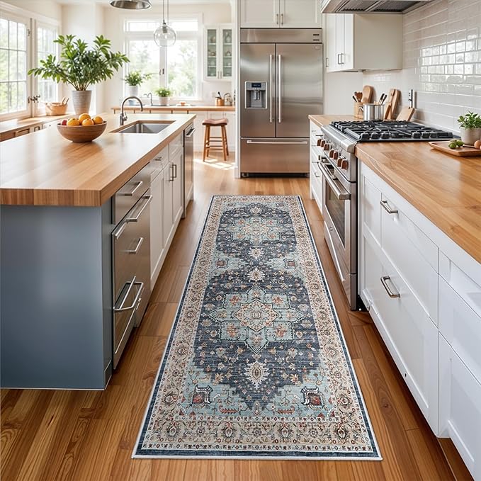 Washable Oriental Hallway Runner Rug - 3x8 Rugs for Living Room Soft Carpet for Bedroom Kitchen Waterproof Floral Distressed Indoor Stain Resistant Non-Shedding Floor Carpets (Blue/Teal/Orange, 3X8)