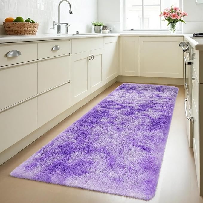 Zentavio Bedside Rugs for Girls Room 2x6 Runner Rugs for Hallway Bedroom Non Slip Fluffy Soft Shaggy Carpet for Kids Home Decor Aesthetic Dorm Nursery Tie-Dyed Purple