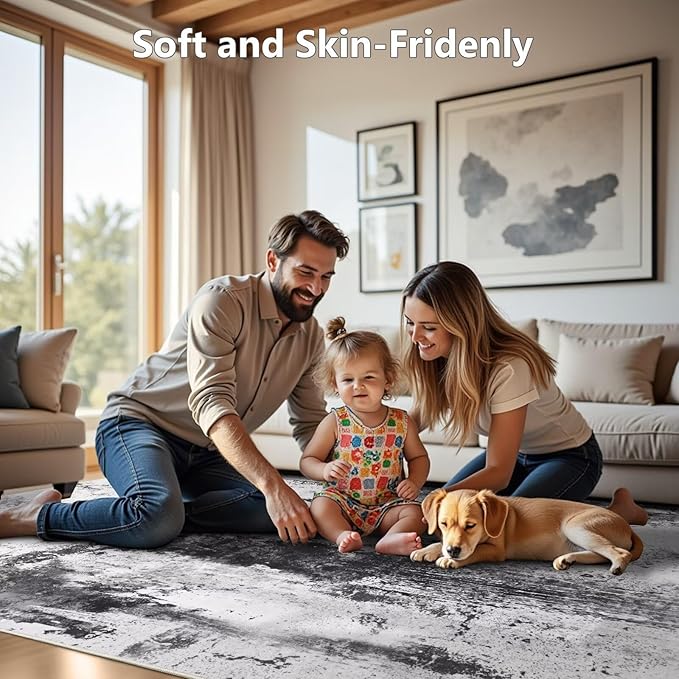 4x6 Grey Washable Area Rug for Living Room Bedroom, Modern Abstract Non-Slip Rugs, Low Pile Soft Stain Resistant Carpet for Dining Room, Kitchen, Office, Dorm, Bedside Decor