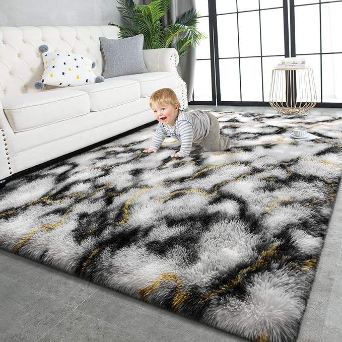 TWINNIS Super Soft Shaggy Rugs Fluffy Carpets, 6x9 Feet, Indoor Modern Plush Area Rugs for Living Room Bedroom Kids Room Nursery Home Decor, Upgrade Anti-Skid Rectangular Fuzzy Rug, Grey Gold