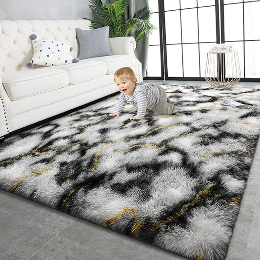 TWINNIS Super Soft Shaggy Rugs Fluffy Carpets, 6x9 Feet, Indoor Modern Plush Area Rugs for Living Room Bedroom Kids Room Nursery Home Decor, Upgrade Anti-Skid Rectangular Fuzzy Rug, Grey Gold