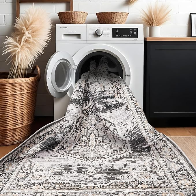 YOUFORTONG Area Rug 3x5 Washable Rugs: Soft Ultra Thin Low Pile Mat Machine Washable Indoor Doormat Lightweight Entry Rug Anti Slip Backing Rugs for Living Room Bedroom Kitchen 3'x5' Black