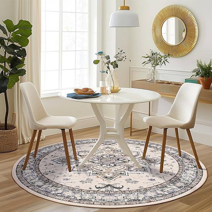 BESTSWEETIE 6ft Area Rugs for Living Room, Washable Ultra Soft Boho Vintage Print Pattern Rug Non Slip Low Pile Carpet for Dining Room Bedroom Entryway Indoor-Khaki/Beige/Purple/Black