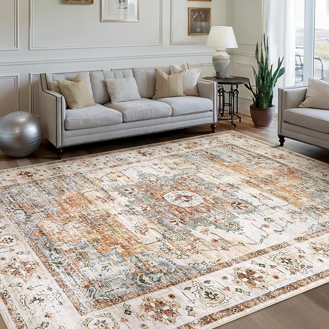Area Rugs for Living Room 9x12 - Large Machine Washable Vintage Oriental Soft Rug, Low Pile Thin Carpet with Non Slip Backing for Bedroom, Dorm, Under Dining Room Table, Indoor House, Office Decor