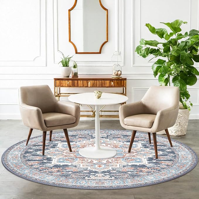 BESTSWEETIE 4ft Area Rugs for Living Room Washable Non Slip Carpet Low Pile Soft Vintage Print Pattern Rug for Bedroom Dining Room Kitchen Entryway Indoor-Navy Blue/Light Blue/Natural/Brick