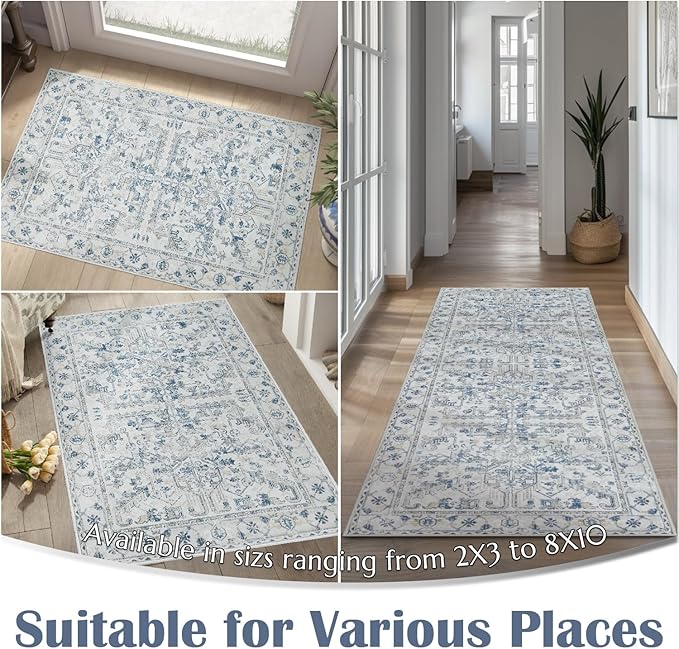 jinchan Kitchen Runner Rug 3x10-2pcs, Bohemian Hallway Washable Rug Floral Non Slip with Rubber Backing Vintage Carpet Runner for Bedroom Bathroom Laundry Room Living Room Decor Blue