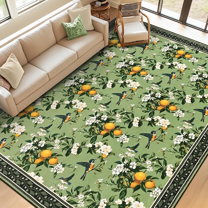 ASPMIZ Vintage Floral Area Rug 8x10 Sage Green Large Rugs for Living Room Washable Lemon Hummingbird Throw Rugs Non Slip Foldable Soft Low Pile Floor Carpet for Bedroom Kitchen Dining Room Nursery