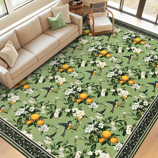 ASPMIZ Vintage Floral Area Rug 8x10 Sage Green Large Rugs for Living Room Washable Lemon Hummingbird Throw Rugs Non Slip Foldable Soft Low Pile Floor Carpet for Bedroom Kitchen Dining Room Nursery