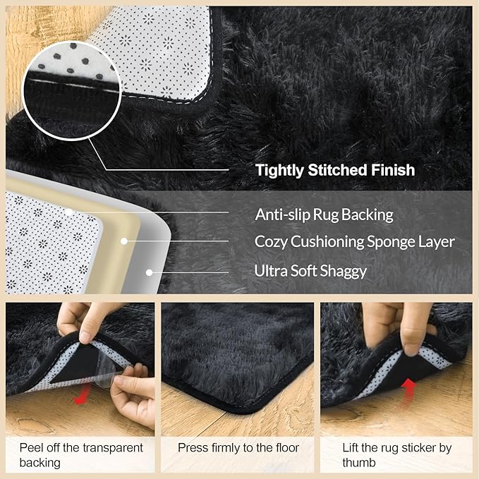 2x3 Rugs for Bedroom, Fluffy Area Rugs for Living Room, Soft Shag Kids Rug Small Carpet with 4 Non-Slip Rug Pads (Black Grey Tie-Dyed, 2ft x 3ft)