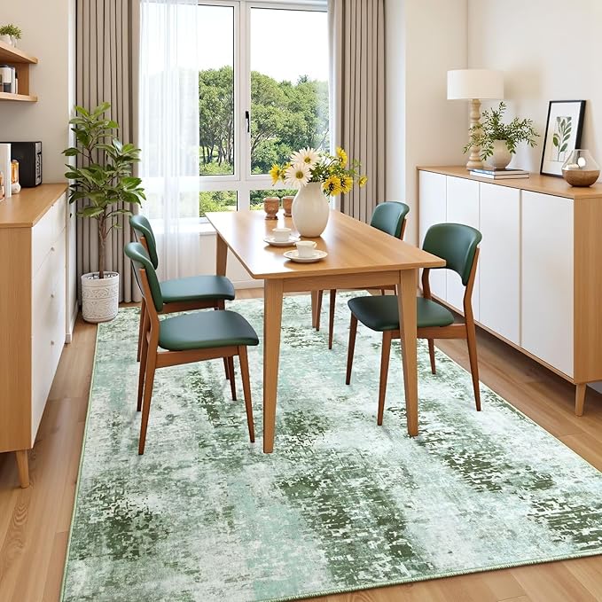 Washable Abstract Rug, 5x7 Modern Area Rugs with Non-Slip Rubber Backed for Living Room, Thin but Soft Contemporary Carpet Kitchen Bedroom Dining Room Decor, Green