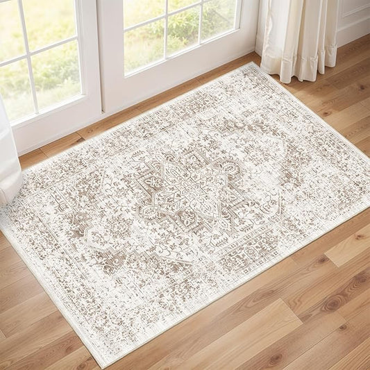 Washable 2x3 Entryway mat - Small Indoor Area Rug for Entrance with Vintage Non-Slip Low-Pile Traditional Medallion Indoor Rug with Stain Resistant Accent Distressed Carpet Thin Rug (Bridge)