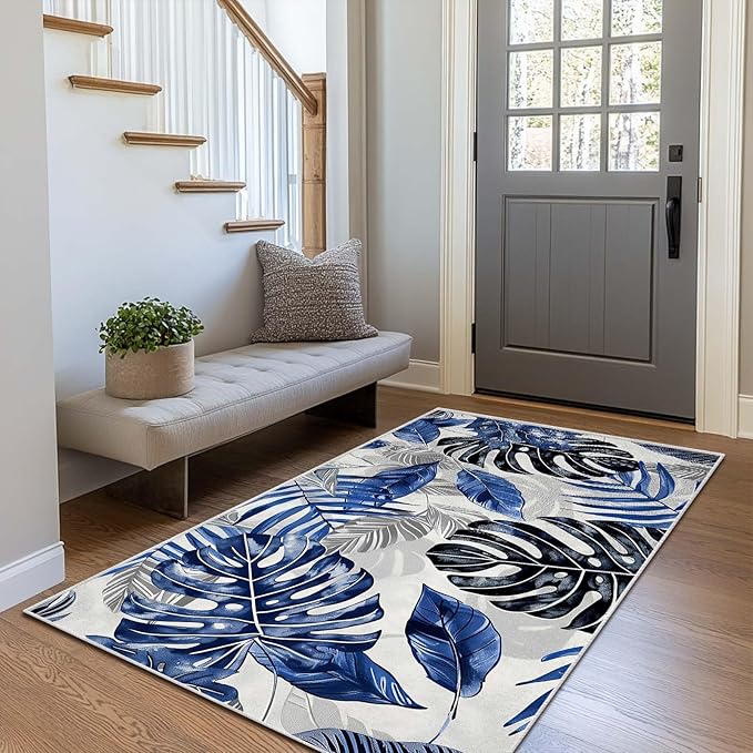 3x5 Entryway Rug Botanical Tropical Leaf Navy Blue Grey Area Rug Bedroom Bedside Thin Small Carpet Bathroom Non Slip Indoor Entrance Low Pile Door Mat Kitchen Stain Resistant Washable Machine