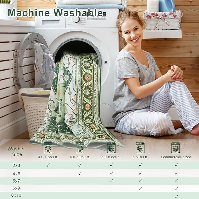 2x3 Green White Small Area Rug for Entryway, Soft Washable Rugs with Non-Slip Backing for Bedroom Kitchen, Vintage Throw Carpet Laundry Entry Front Door Decor